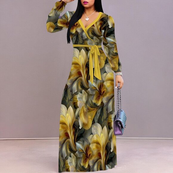 Women's Plus Size Maxi Dress V Neck Pockets Belt Casual Elegant All Seasons - Picture 5 of 8